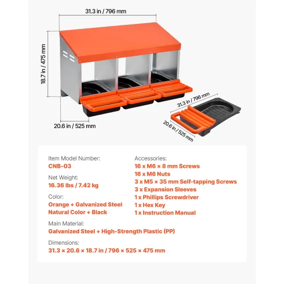 VEVOR Chicken Nest Box, 3-Compartment, 15 to 30 in Stable & Corrosion-Resistant Metal Nesting Boxes with Inclined Nesting Boxes, Bottom Holes & Resting Platform, Fit for Different Chicken Breeds image: 6