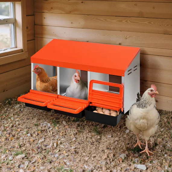 VEVOR Chicken Nest Box, 3-Compartment, 15 to 30 in Stable & Corrosion-Resistant Metal Nesting Boxes with Inclined Nesting Boxes, Bottom Holes & Resting Platform, Fit for Different Chicken Breeds image: 7