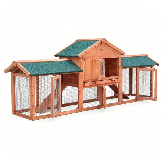 i.Pet Chicken Coop Rabbit Hutch 220cm x 44cm x 84cm Large Chicken Coop Run Wooden Outdoor Cage House image: 1