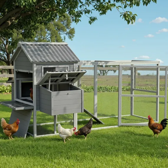 i.Pet Extra Large Wooden Chicken Coop Rabbit Hutch Outdoor Run Grey White 228cm