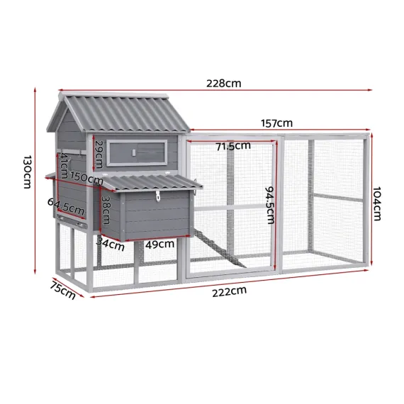 i.Pet Extra Large Wooden Chicken Coop Rabbit Hutch Outdoor Run Grey White 228cm