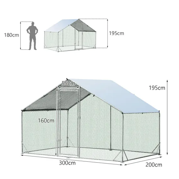 VaKa 3 x 2 x 1.95m Metal Walk-In Chicken Coop Rabbit Hutch Cage Hen House