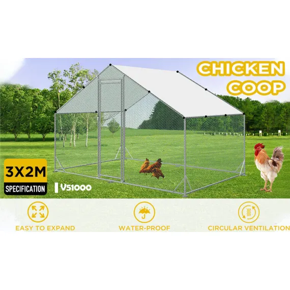 VaKa 3 x 2 x 1.95m Metal Walk-In Chicken Coop Rabbit Hutch Cage Hen House