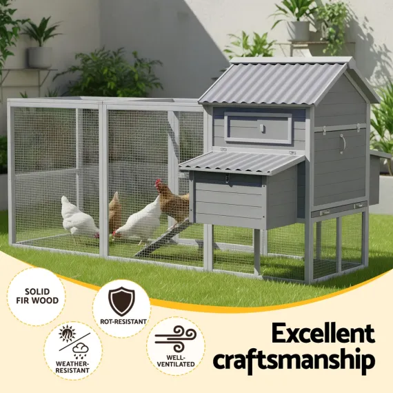 i.Pet Extra Large Wooden Chicken Coop Rabbit Hutch Outdoor Run Grey White 228cm