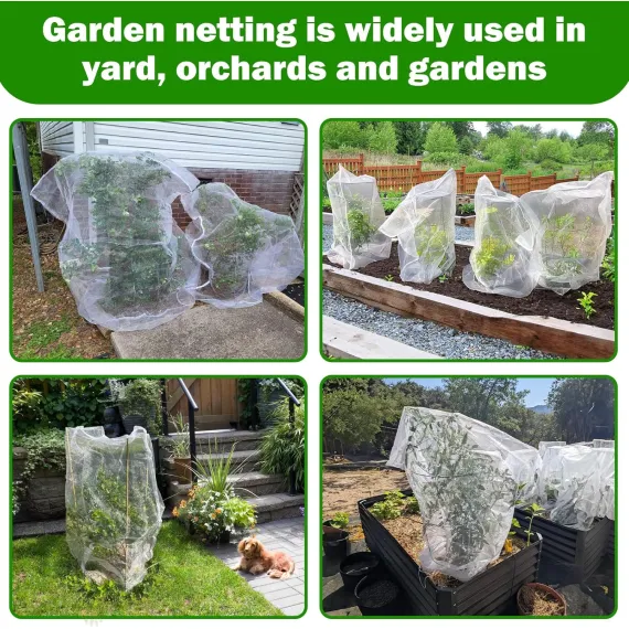 4 Pack Garden Mesh Netting Bags with Drawstring, 2 Sizes, 2.6 x 3.3ft & 3.3 x 4.9ft