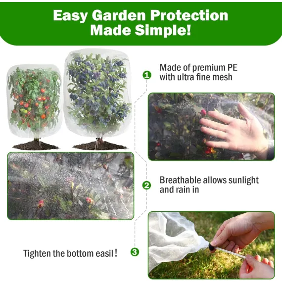 4 Pack Garden Mesh Netting Bags with Drawstring, 2 Sizes, 2.6 x 3.3ft & 3.3 x 4.9ft